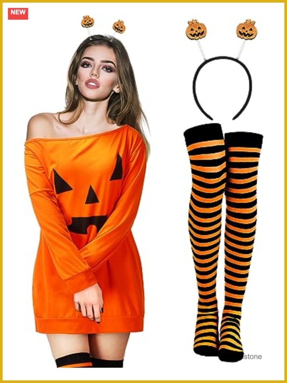 Women's Pumpkin Costume Set Off Shoulder Dress Striped Socks Headband